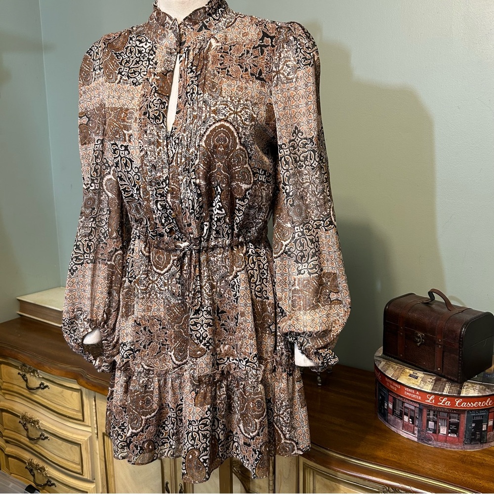 House Of Harlow Brown Gold Metallic Tie Front Button Pleated Ruffle Dress NEW